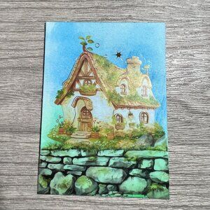 Original ACEO Art Card Witchs Cottage By Kat Sanders Vintage Style Illustration